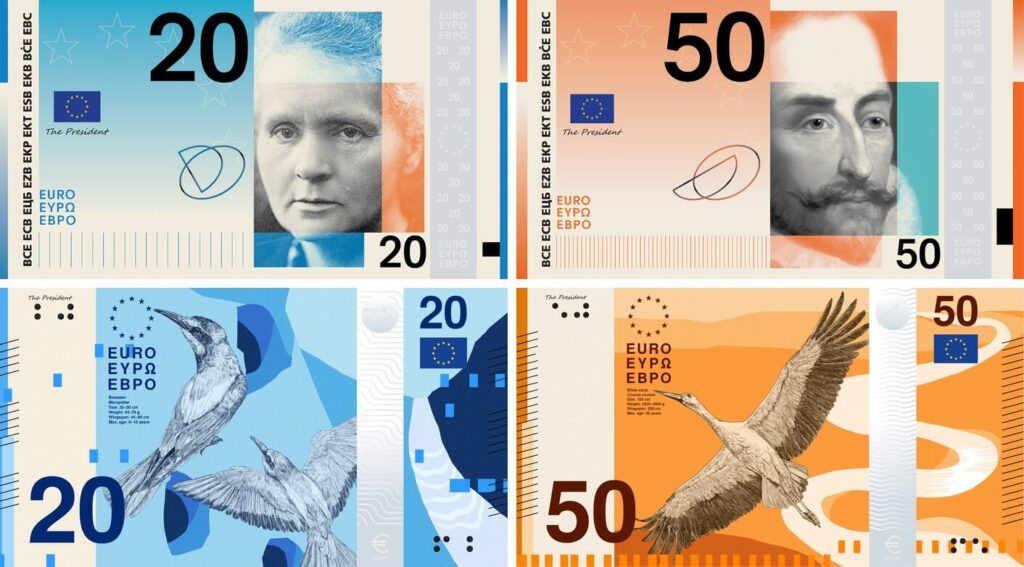 showing new euro banknotes designs. The European Central Bank ECB has put public survey to vote on new bank note designs.