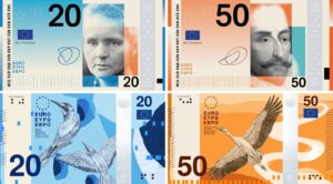 showing new euro banknotes designs. The European Central Bank ECB has put public survey to vote on new bank note designs.